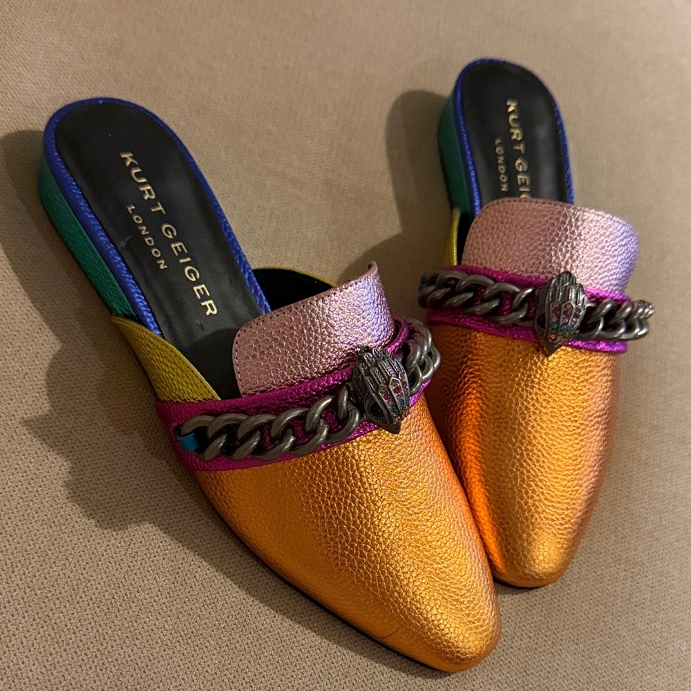 Kurt Geiger Multicolor Metallic Leather Slip-On Mules - Orange